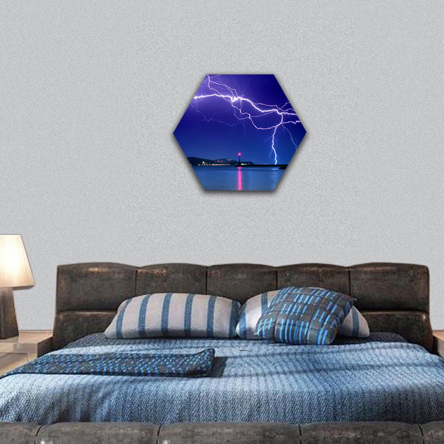 Lightning above the lake hexagonal canvas wall art