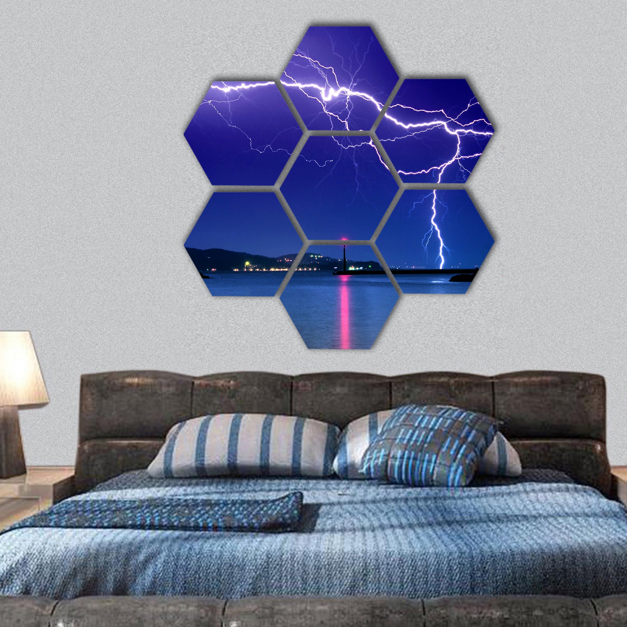 Lightning above the lake hexagonal canvas wall art