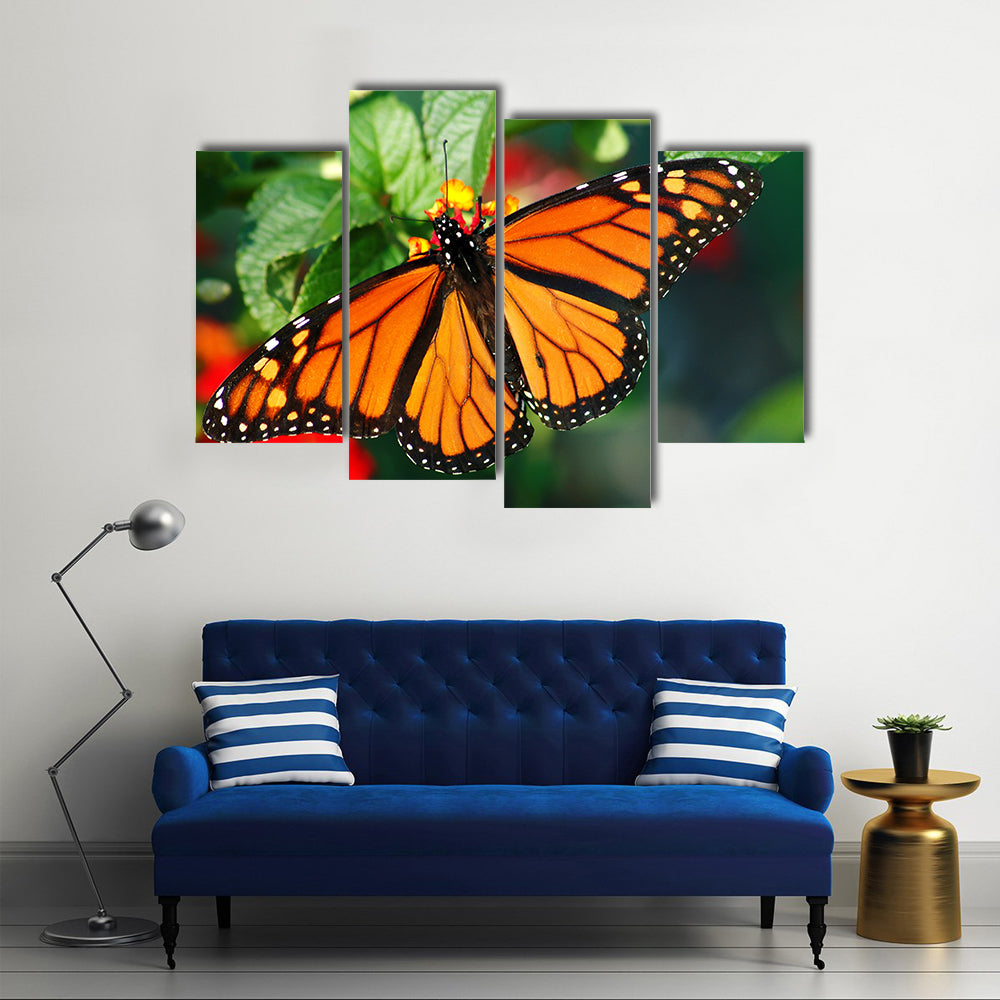 A Beautiful Butterfly With Vibrant Color, On A Lantha Bloom, Multi Panel Canvas Wall Art