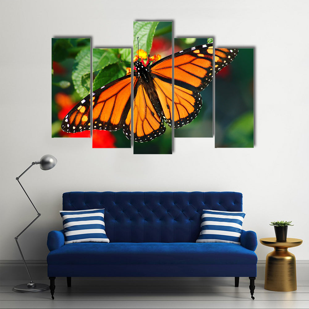 A Beautiful Butterfly With Vibrant Color, On A Lantha Bloom, Multi Panel Canvas Wall Art