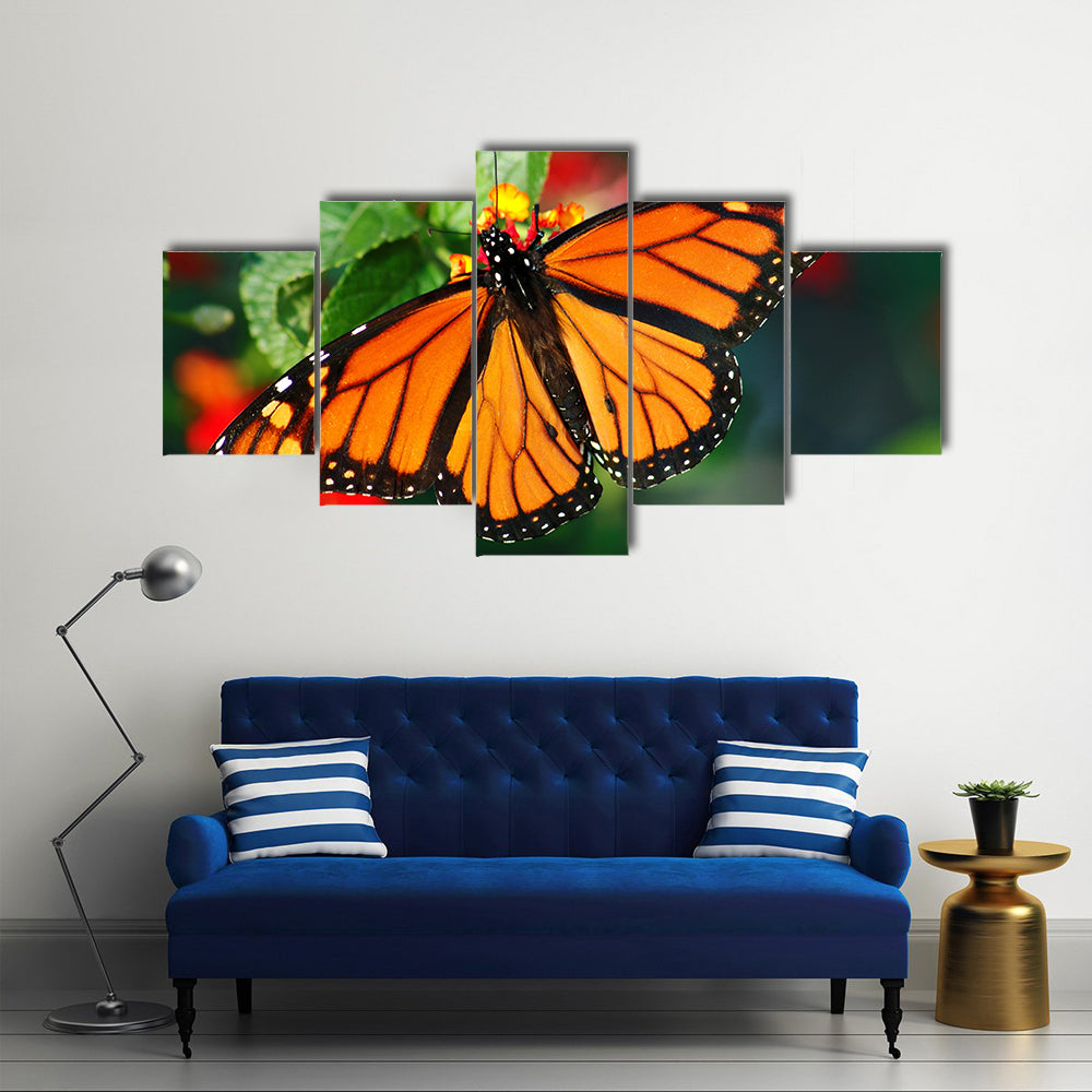A Beautiful Butterfly With Vibrant Color, On A Lantha Bloom, Multi Panel Canvas Wall Art