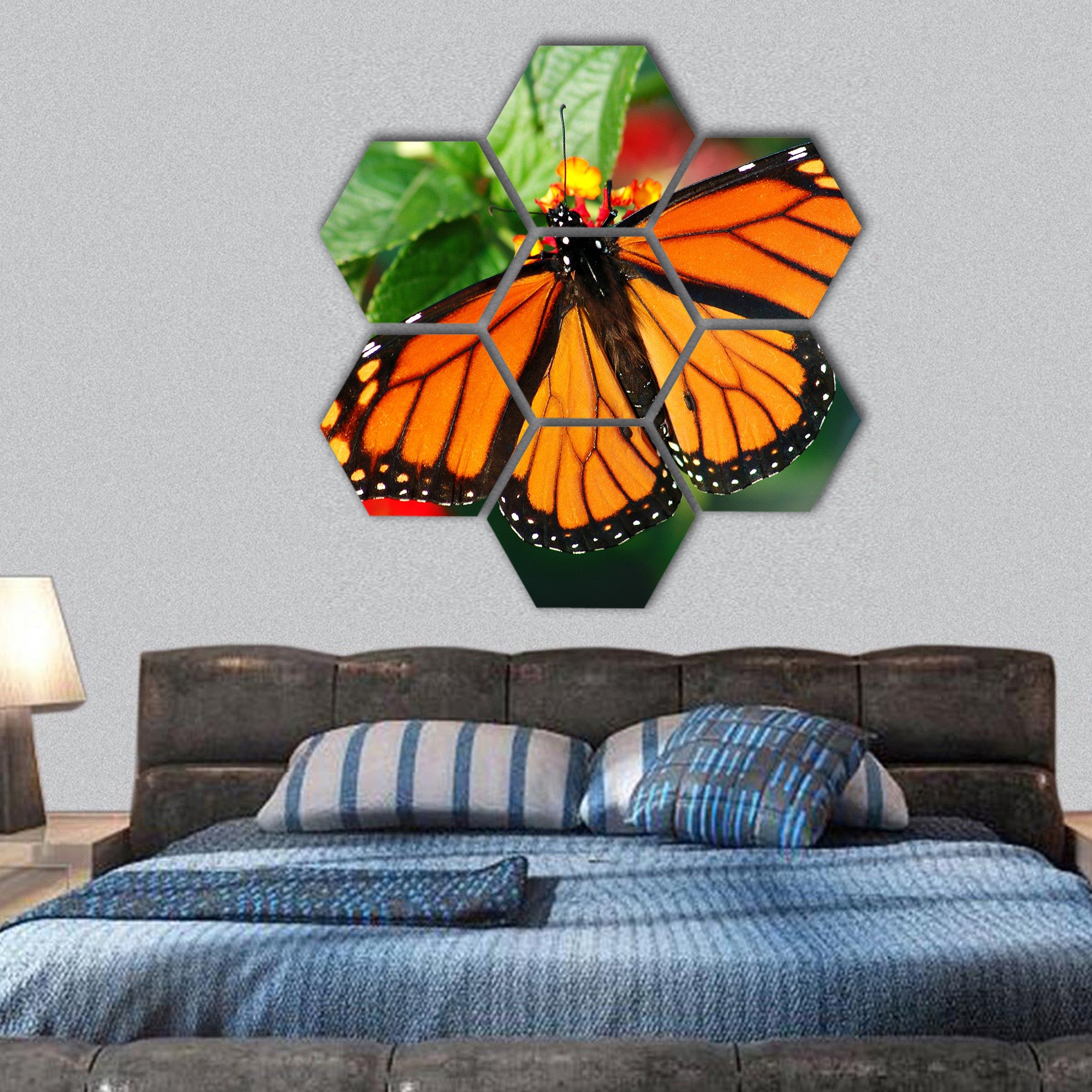 Monarch butterfly with vibrant color hexagonal canvas wall art