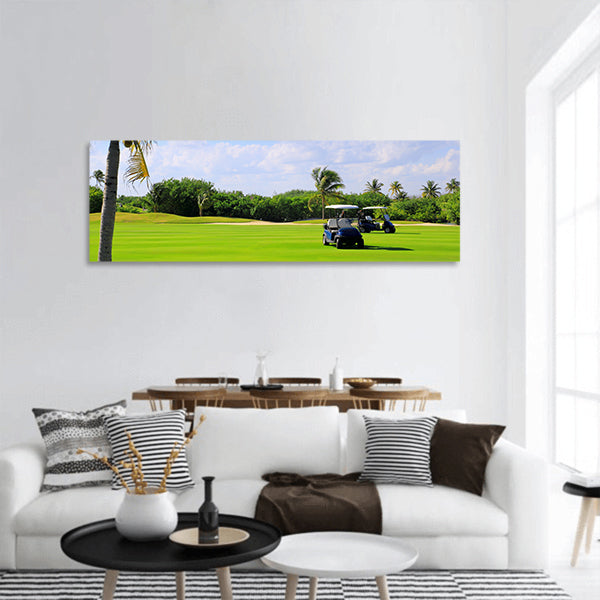 Golf course tropical palm trees in mayan riviera Mexico Panoramic Canvas Wall Art