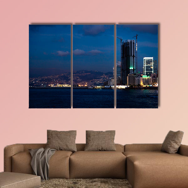 View Speed boats and city buildings near the sea, sky and clouds wall art