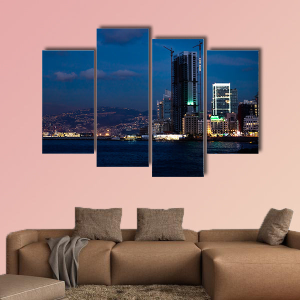 View Speed boats and city buildings near the sea, sky and clouds wall art