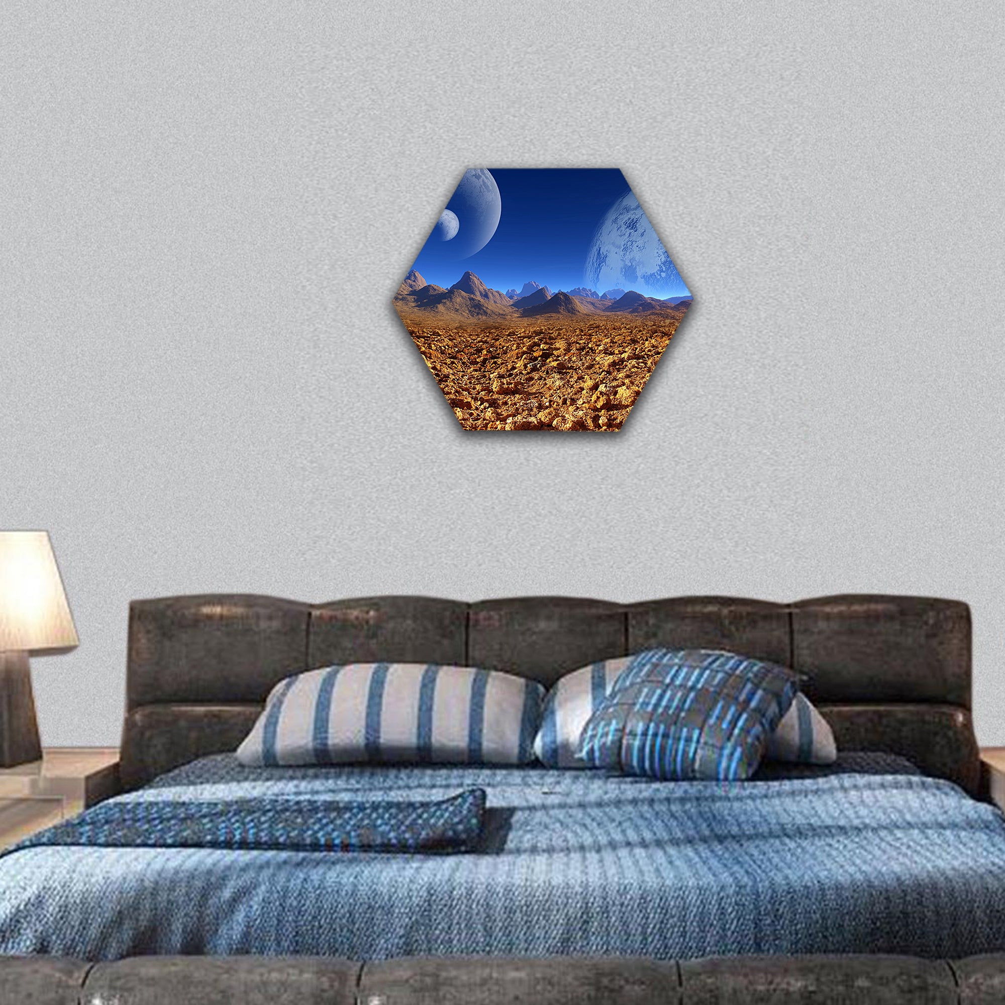 Colorful fantasy landscape hexagonal canvas wall art