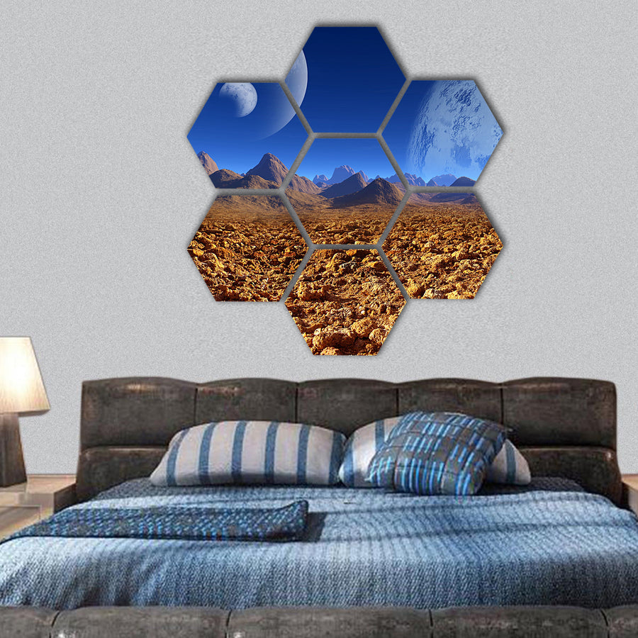 Colorful fantasy landscape hexagonal canvas wall art