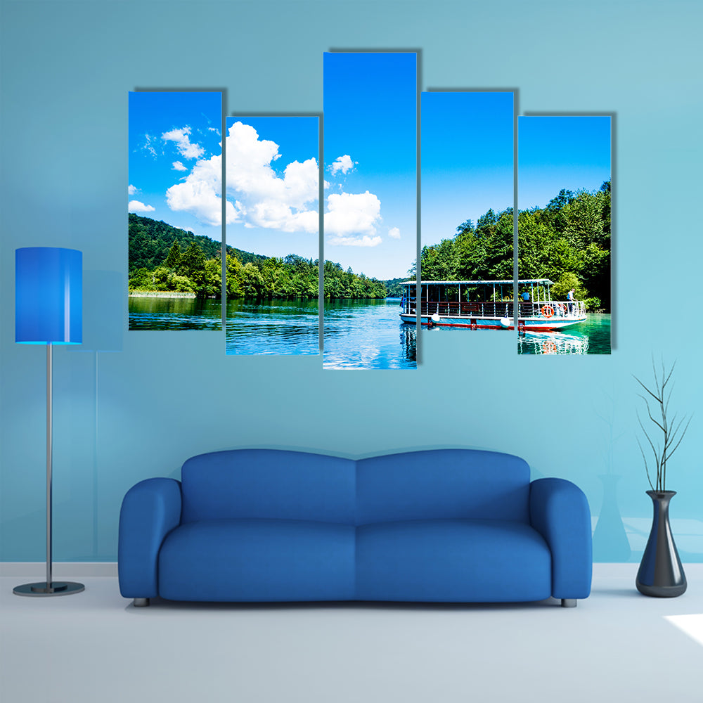 Boat Reflexion In The Plitvice Lakes In Croatia Multi Panel Canvas Wall Art