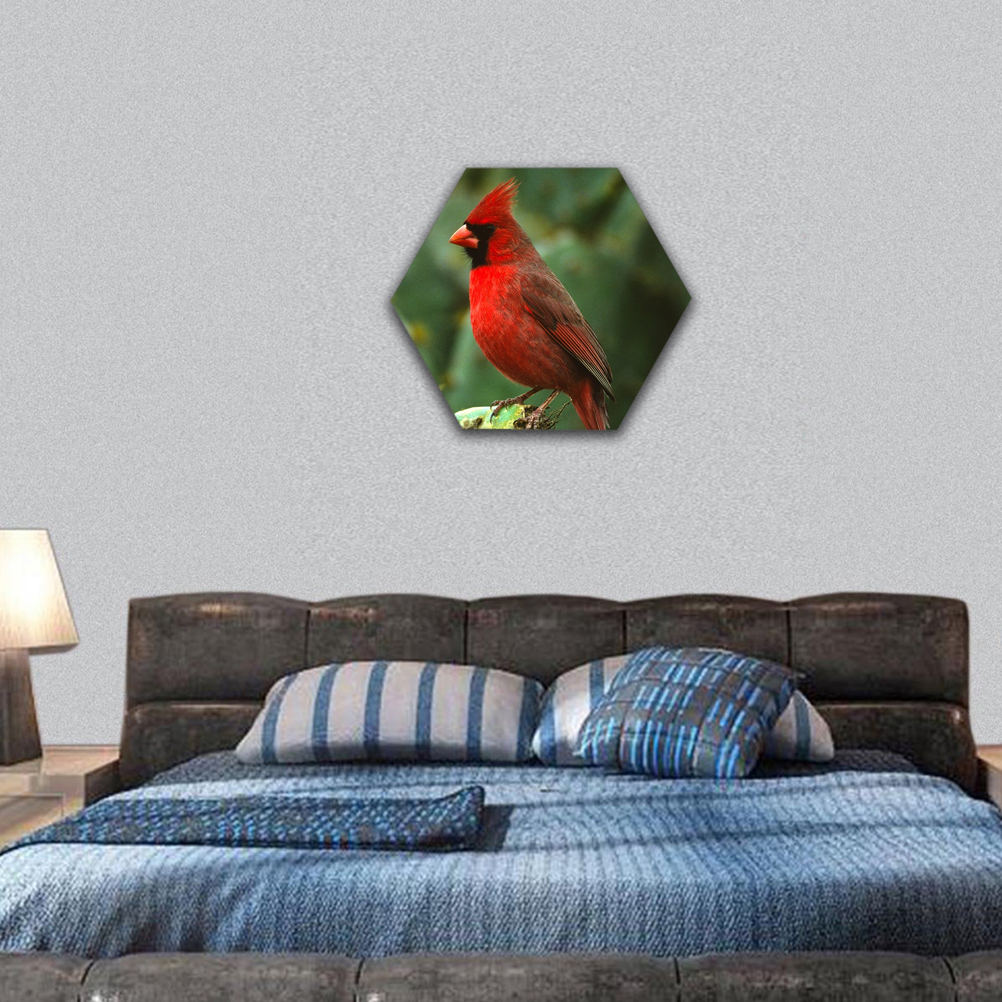 Male Northern Cardinal on Cactus hexagonal canvas wall art
