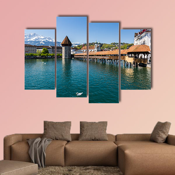 View of the Kapellbrucke in Lucerne in spring, Switzerland multi panel canvas wall art