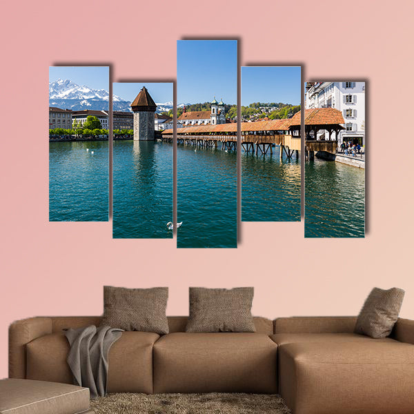 View of the Kapellbrucke in Lucerne in spring, Switzerland multi panel canvas wall art