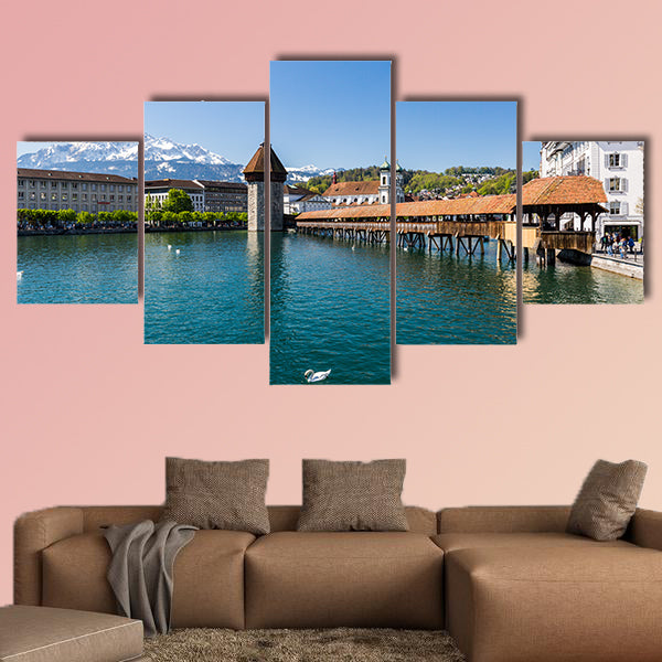 View of the Kapellbrucke in Lucerne in spring, Switzerland multi panel canvas wall art