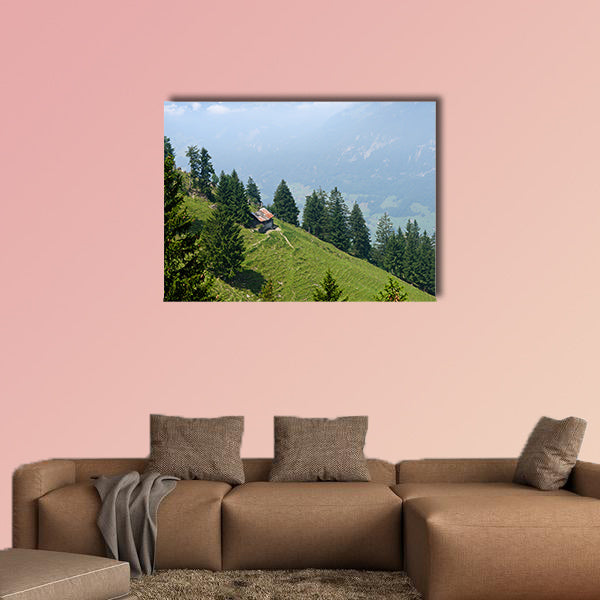 Foggy background of Swiss Alps to a green hillside slope nearby multi panel canvas wall art