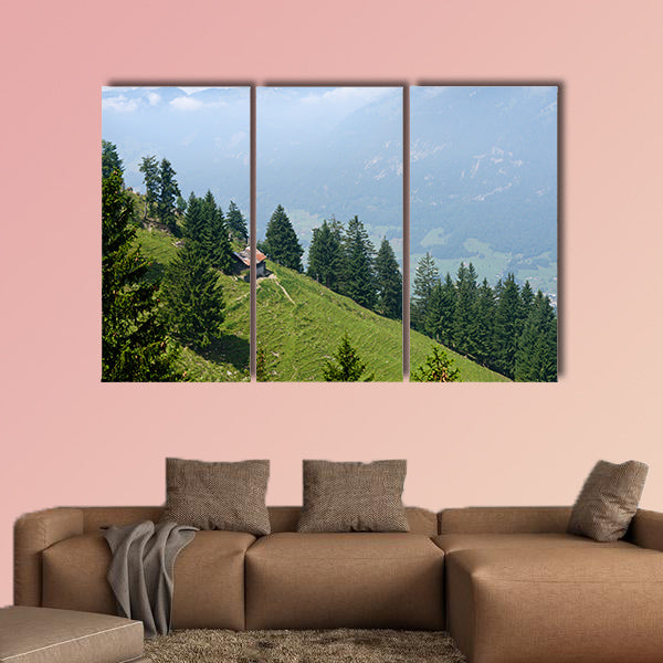 Foggy background of Swiss Alps to a green hillside slope nearby multi panel canvas wall art