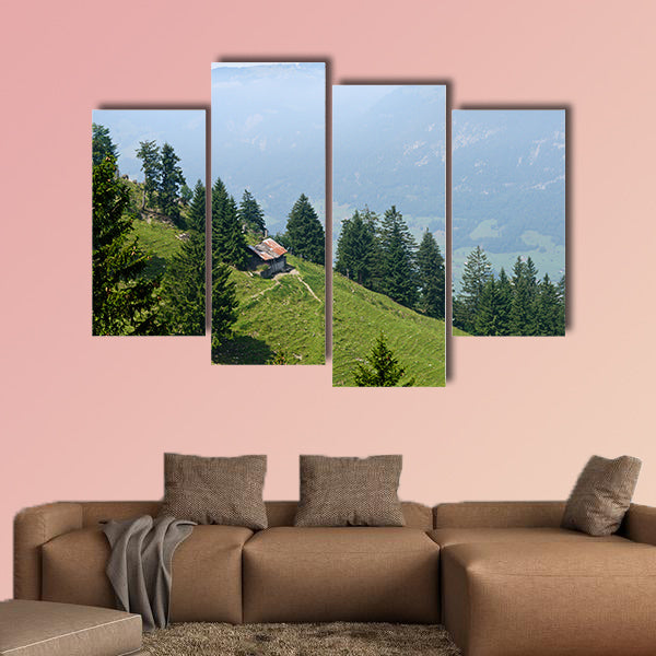 Foggy background of Swiss Alps to a green hillside slope nearby multi panel canvas wall art
