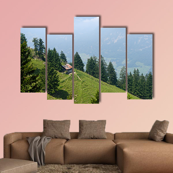 Foggy background of Swiss Alps to a green hillside slope nearby multi panel canvas wall art