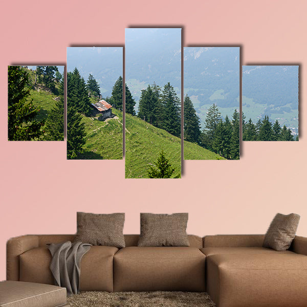 Foggy background of Swiss Alps to a green hillside slope nearby multi panel canvas wall art