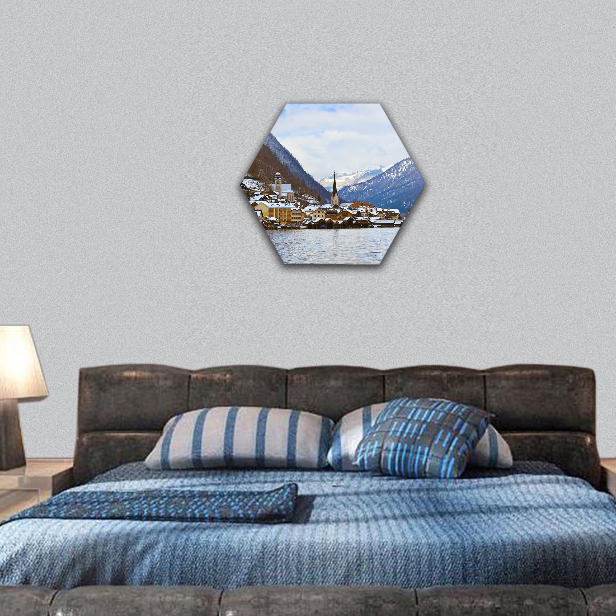 Village Hallstatt on the lake Hallstatter at winter hexagonal canvas wall art
