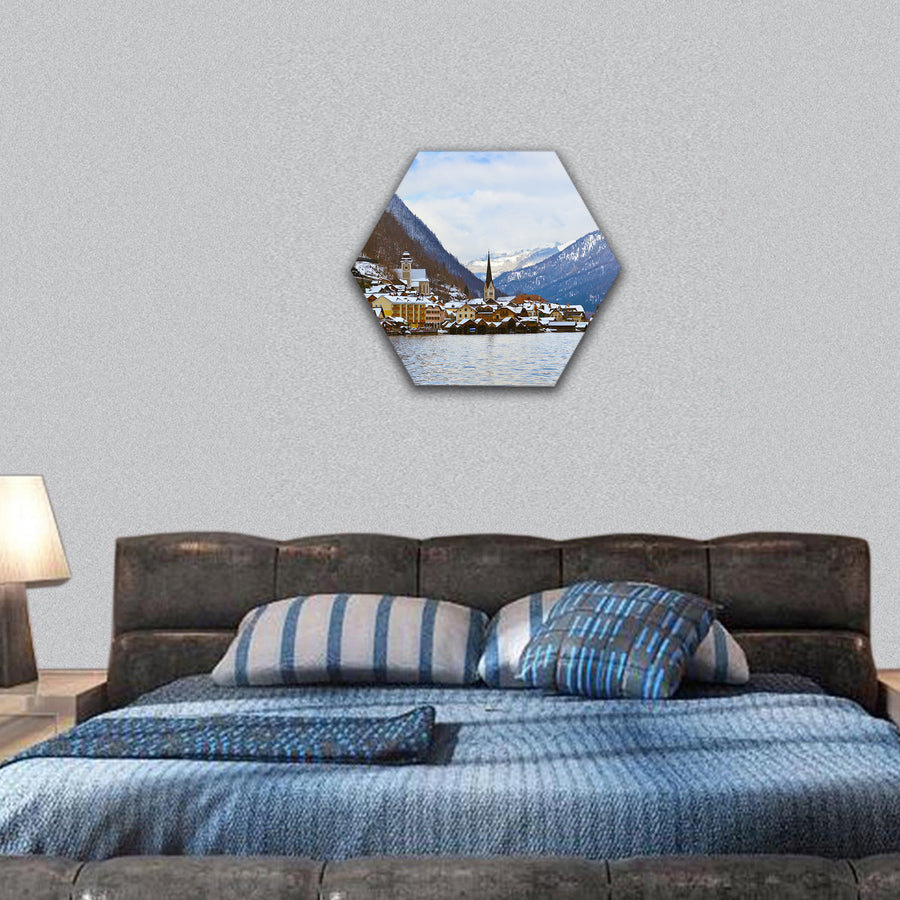 Village Hallstatt on the lake Hallstatter at winter hexagonal canvas wall art