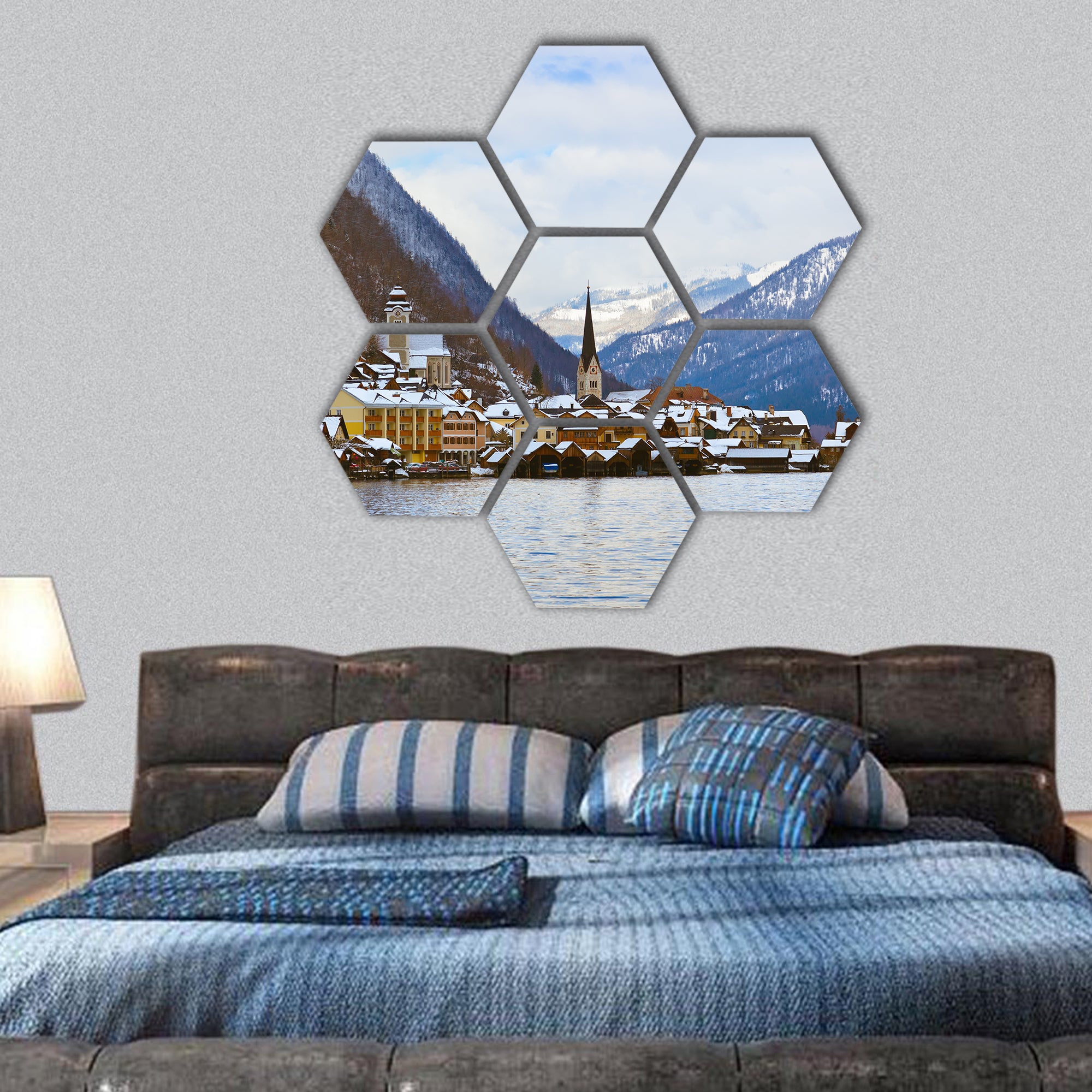 Village Hallstatt on the lake Hallstatter at winter hexagonal canvas wall art