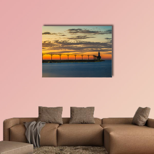 Lighthouse at sunset sky on Lake Michigan Multi panel canvas wall art