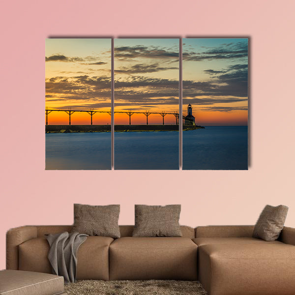 Lighthouse at sunset sky on Lake Michigan Multi panel canvas wall art