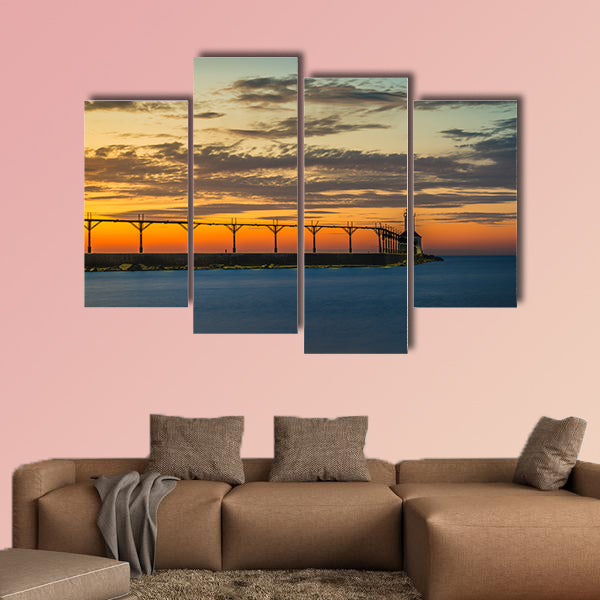 Lighthouse at sunset sky on Lake Michigan Multi panel canvas wall art
