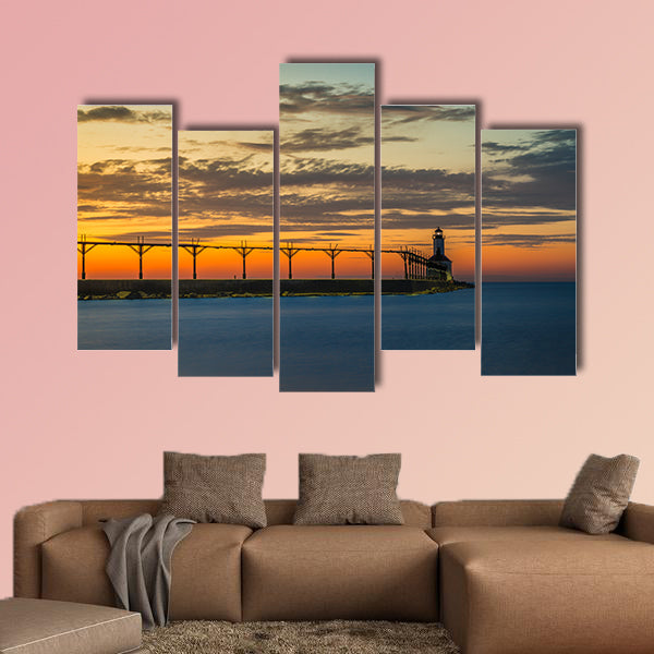 Lighthouse at sunset sky on Lake Michigan Multi panel canvas wall art