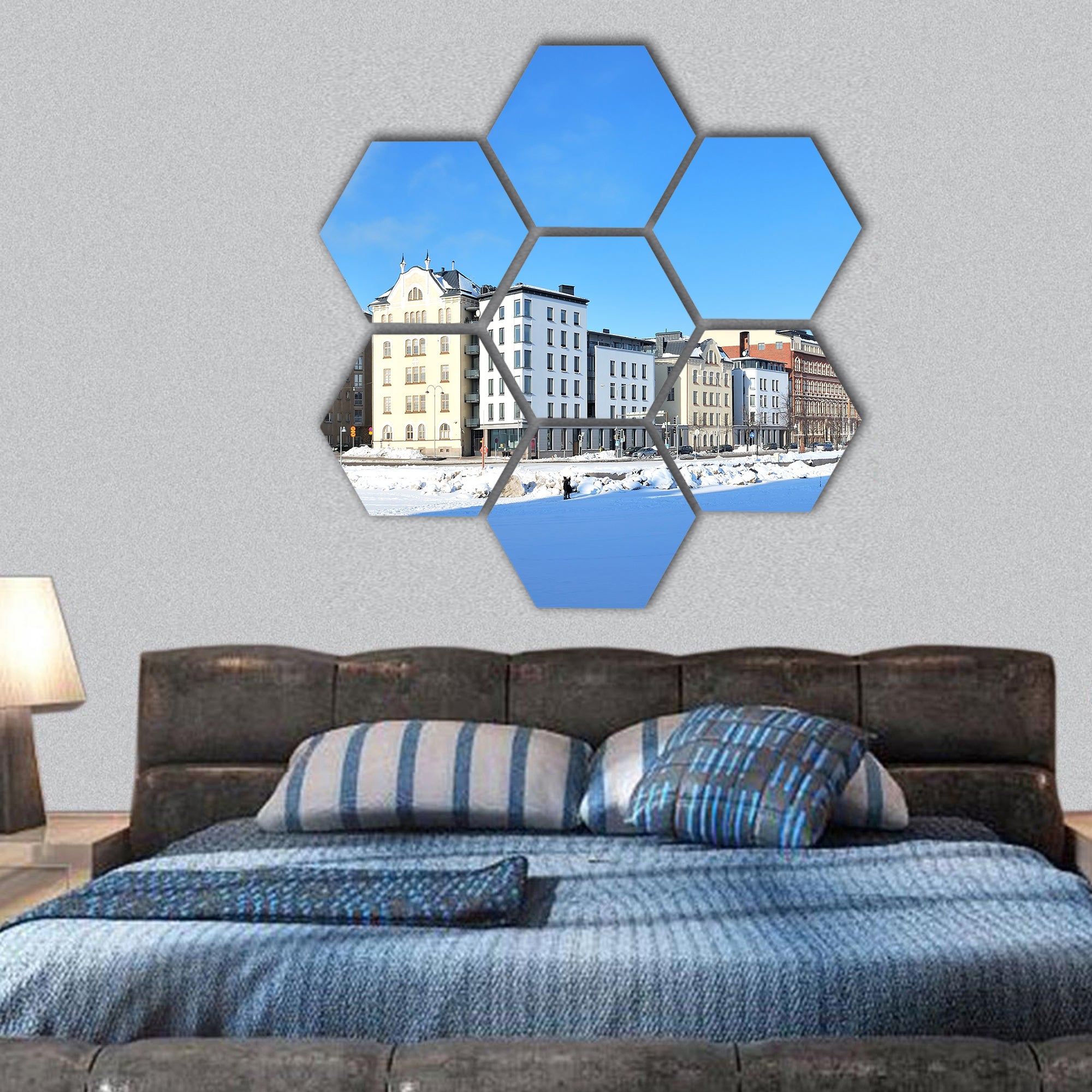 Helsinki, Finland. North Quay in a sunny winter day hexagonal canvas wall art