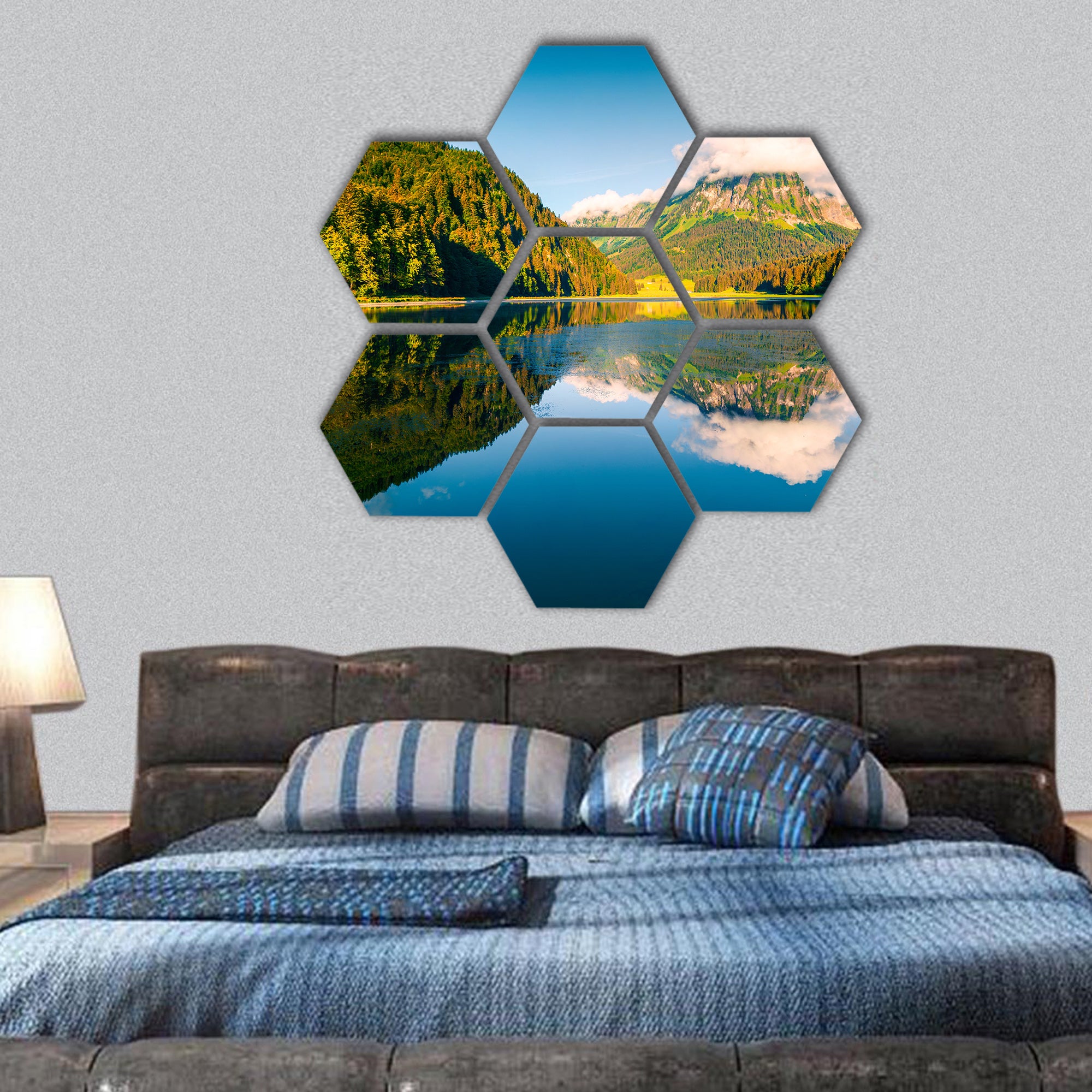 Sunny summer landscape on the Obersee lake hexagonal canvas wall art