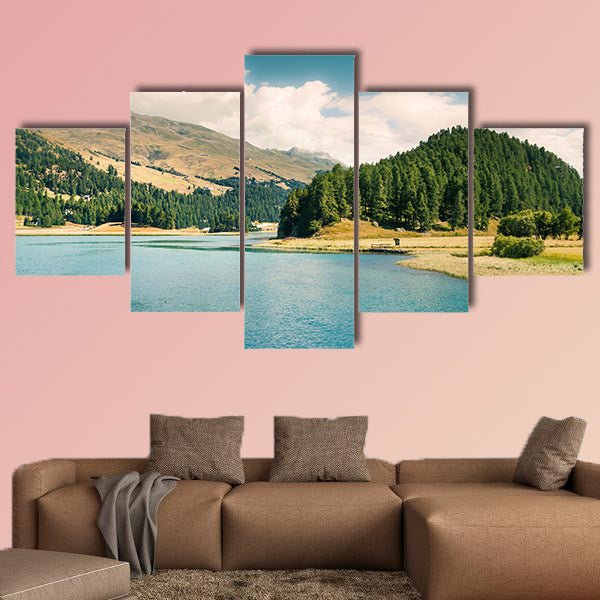 Beautiful summer view of Sils Lake multi panel canvas wall art