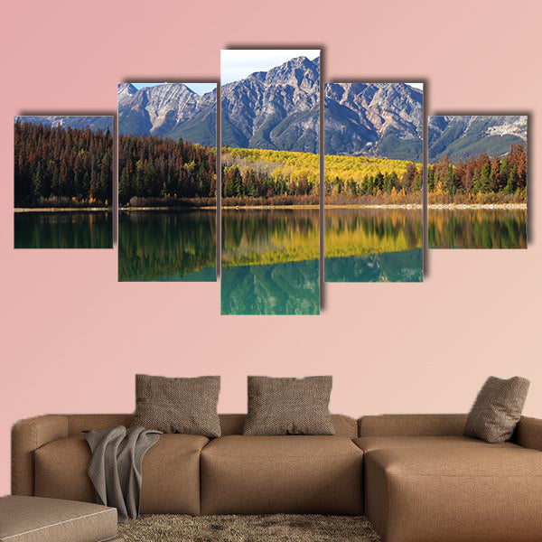 Autumn aspens reflected in the Rocky Mountains, Canada Multi panel canvas wall art