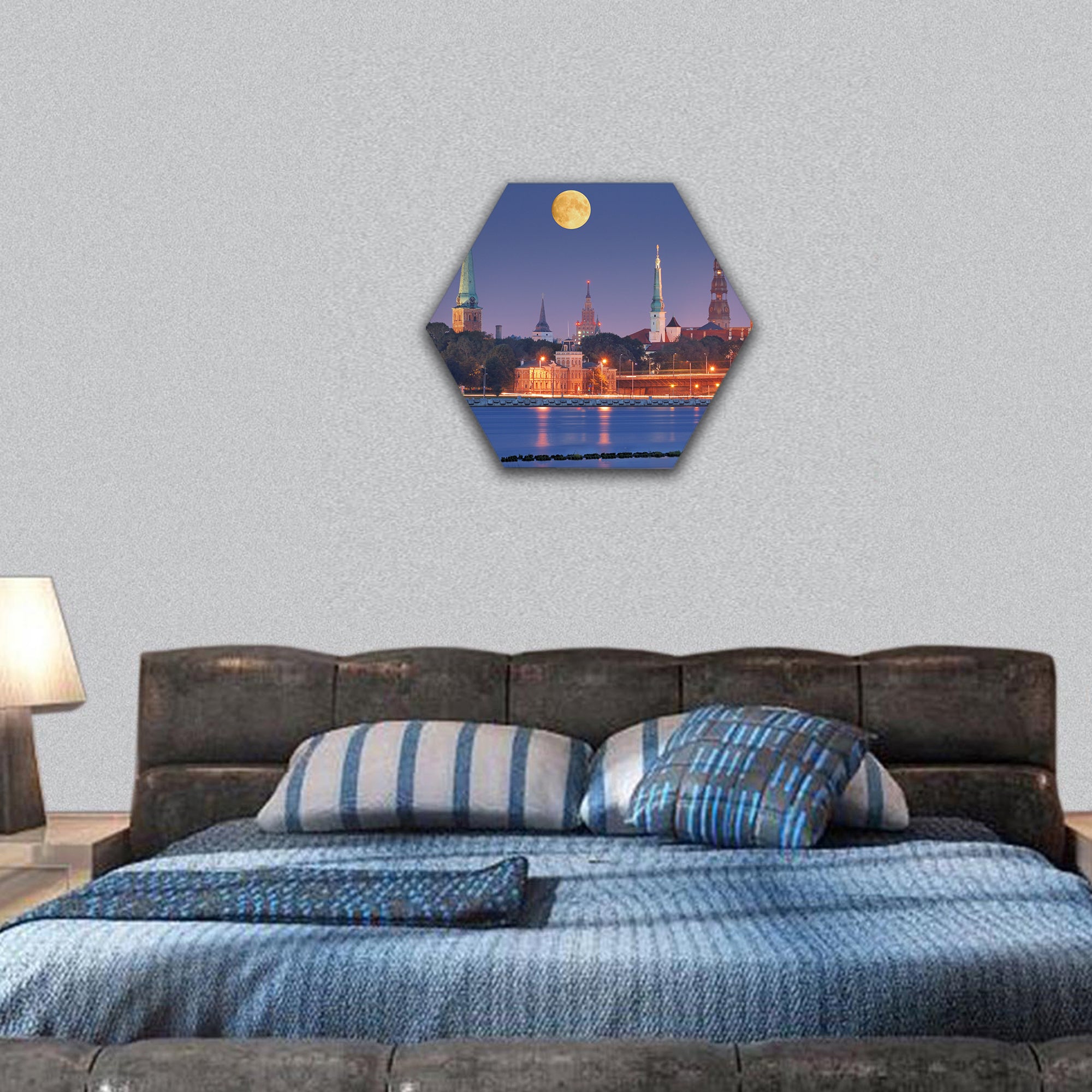 Quay of Daugava river in Riga, Latvia hexagonal canvas wall art
