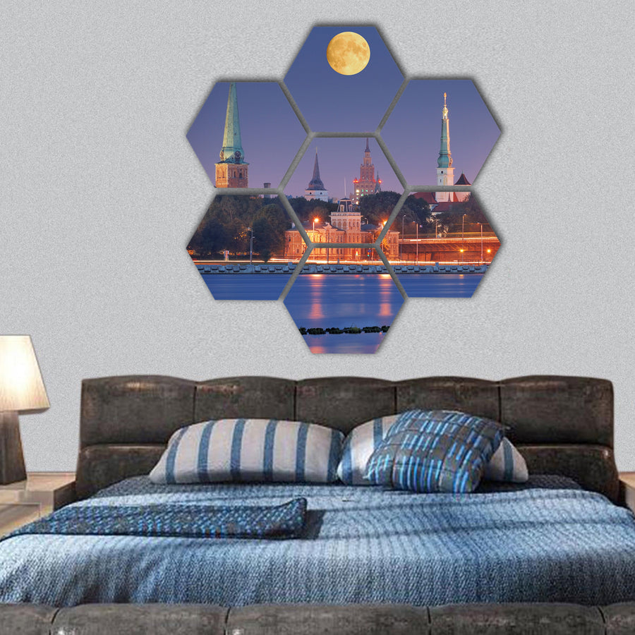Quay of Daugava river in Riga, Latvia hexagonal canvas wall art