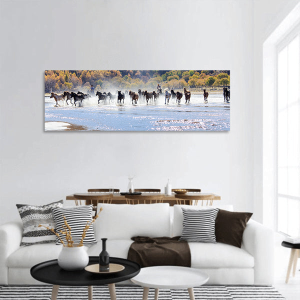 Horse riding splashed in water in Mongolia grassland Panoramic canvas Wall Art