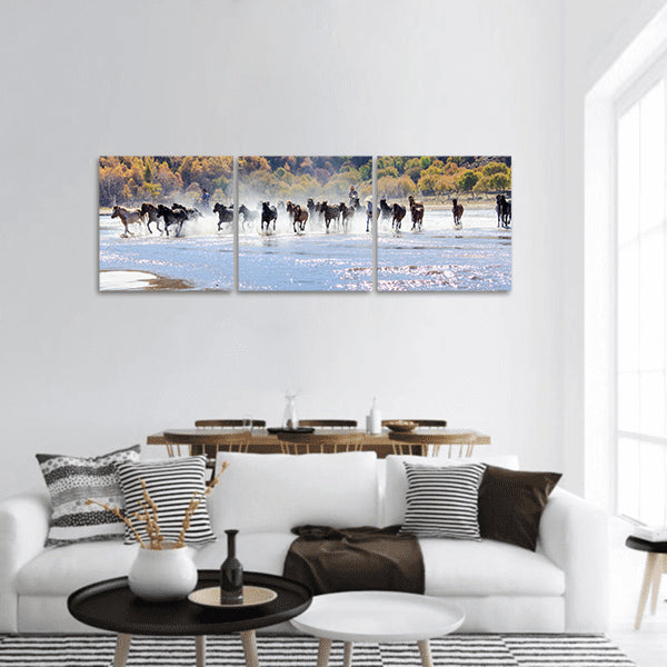 Horse riding splashed in water in Mongolia grassland Panoramic canvas Wall Art