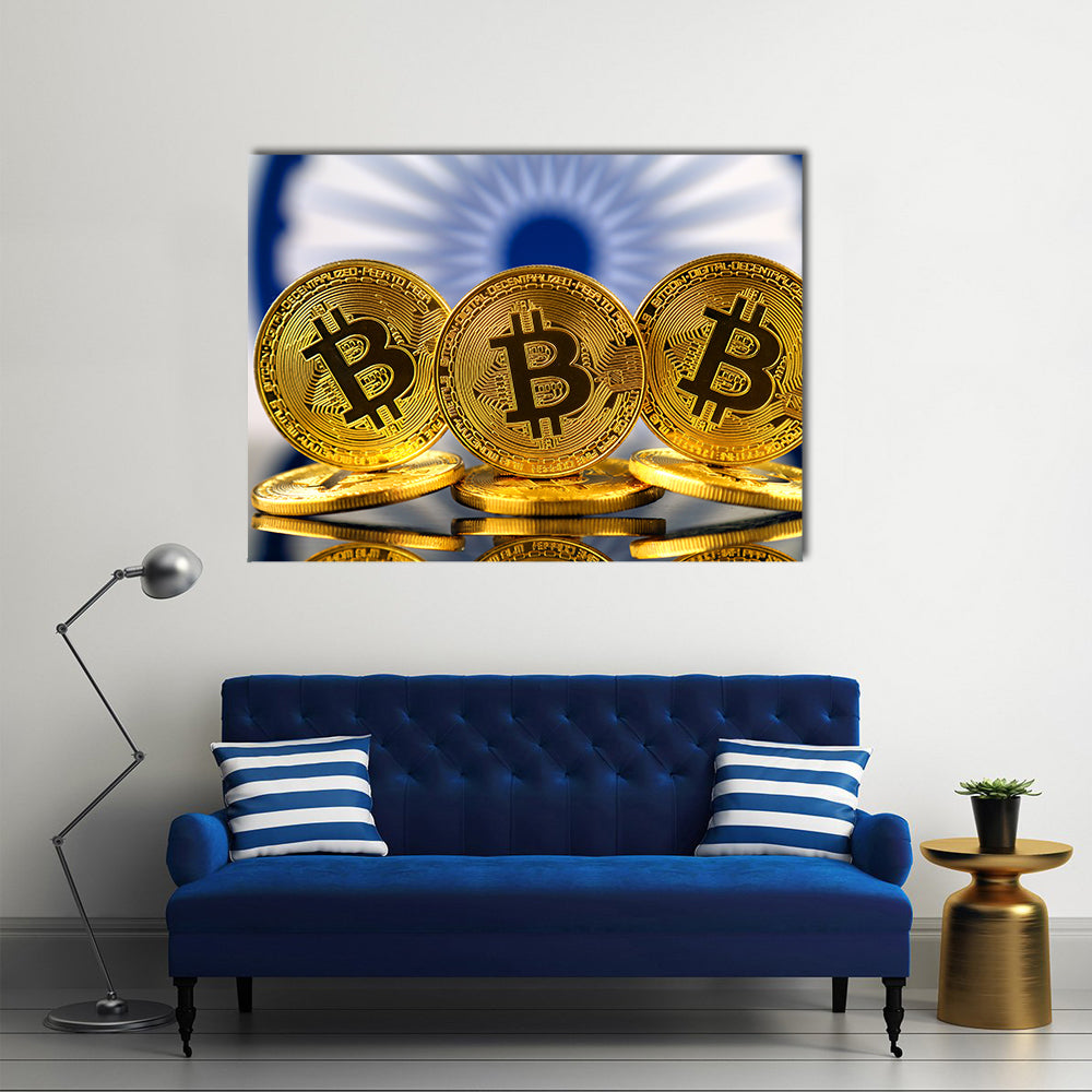 Physical version of Bitcoin (new virtual money) and India Flag multi panel canvas wall art