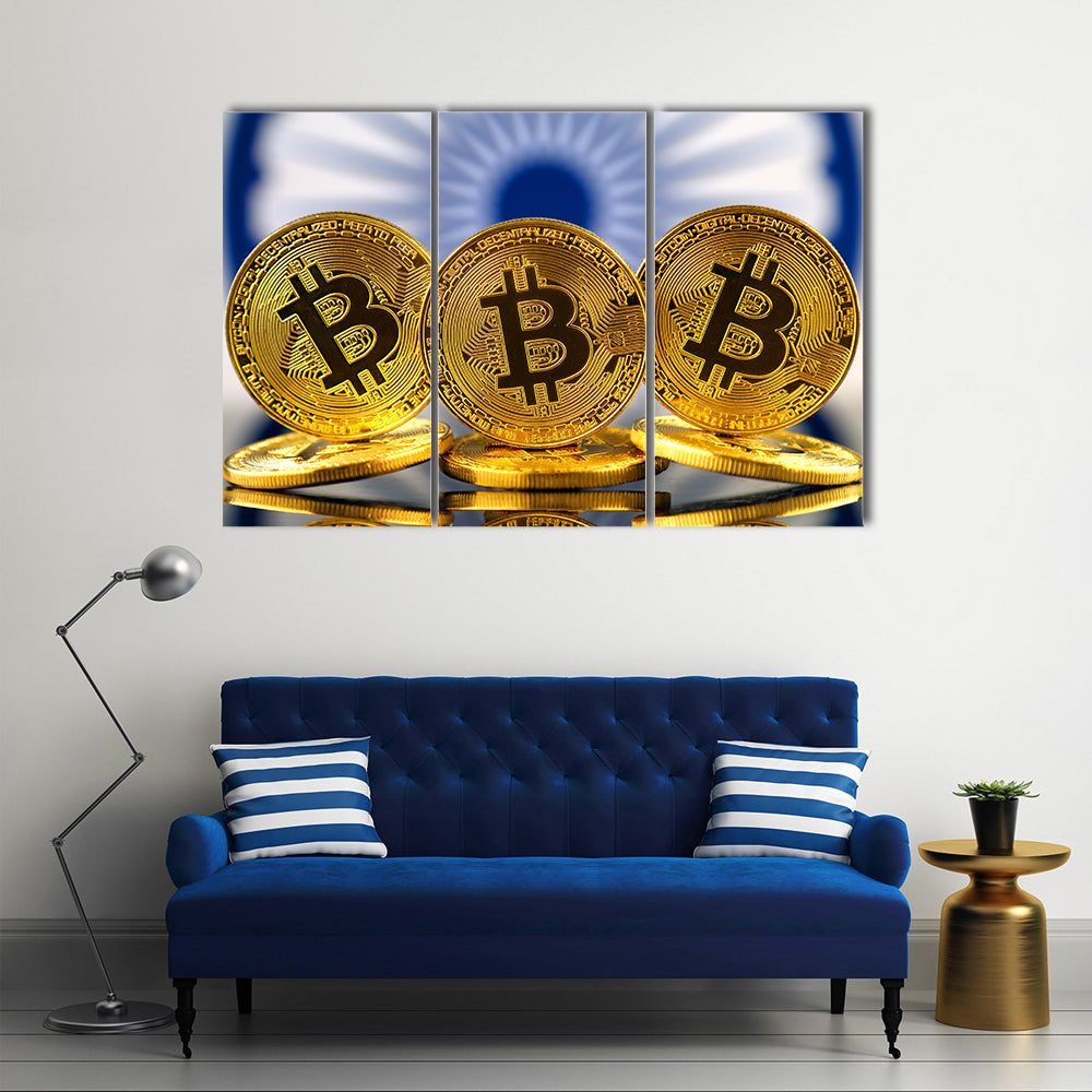 Physical version of Bitcoin (new virtual money) and India Flag multi panel canvas wall art