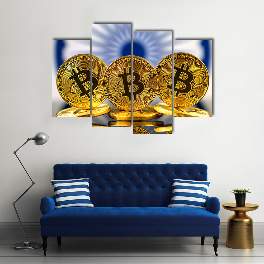 Physical version of Bitcoin (new virtual money) and India Flag multi panel canvas wall art