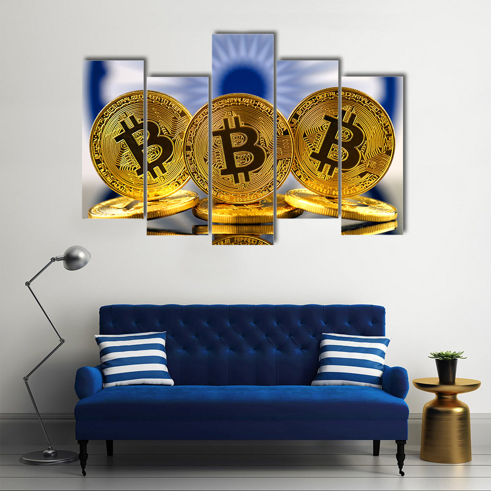 Physical version of Bitcoin (new virtual money) and India Flag multi panel canvas wall art