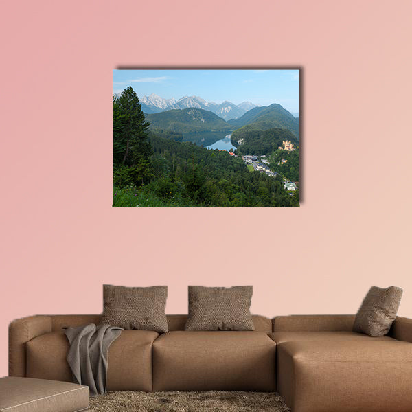 Castle Schwangau with green pine forest and Lake Multi panel canvas wall art