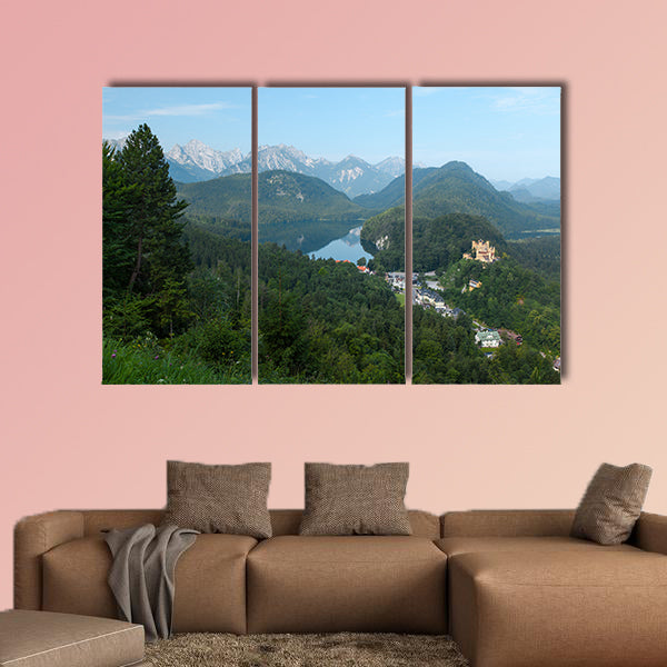 Castle Schwangau with green pine forest and Lake Multi panel canvas wall art