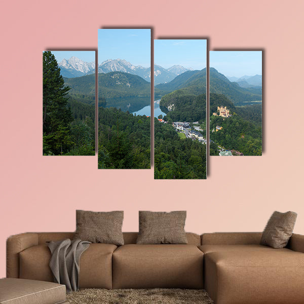 Castle Schwangau with green pine forest and Lake Multi panel canvas wall art