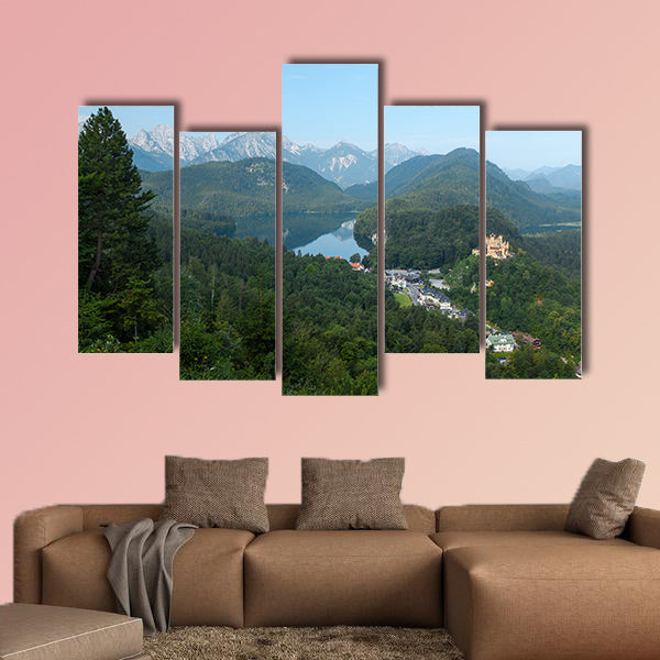 Castle Schwangau with green pine forest and Lake Multi panel canvas wall art