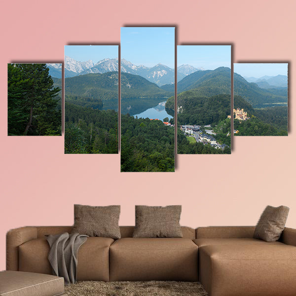 Castle Schwangau with green pine forest and Lake Multi panel canvas wall art