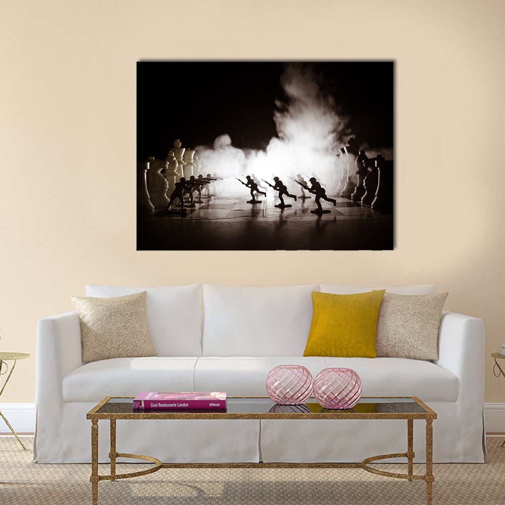 Silhouettes of soldiers on chess board multi panel canvas wall art