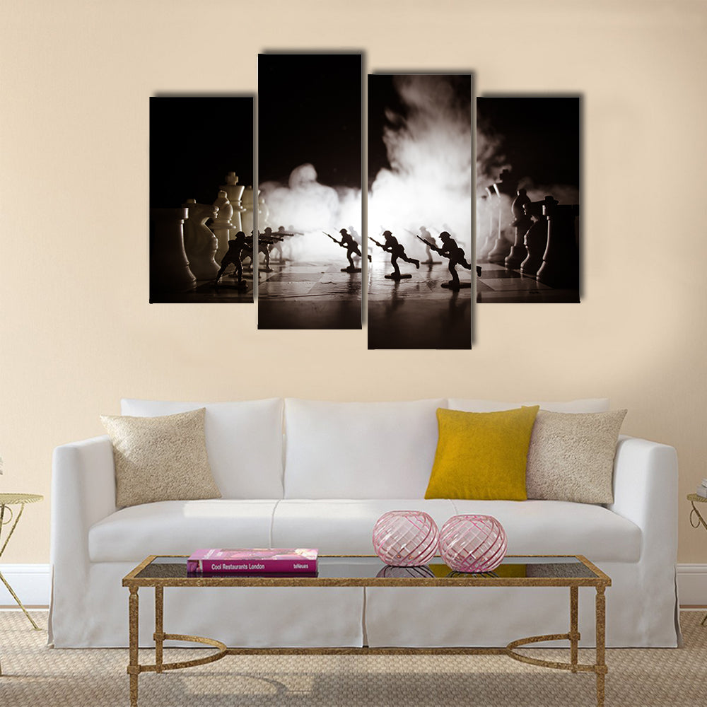 Silhouettes of soldiers on chess board multi panel canvas wall art