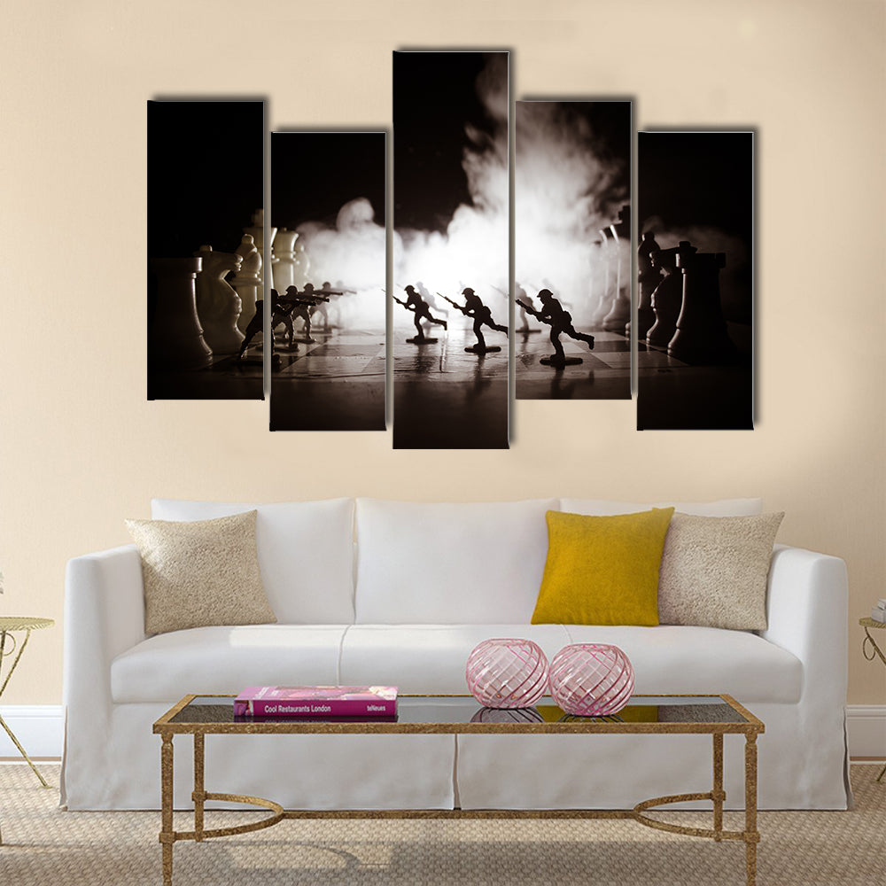 Silhouettes of soldiers on chess board multi panel canvas wall art