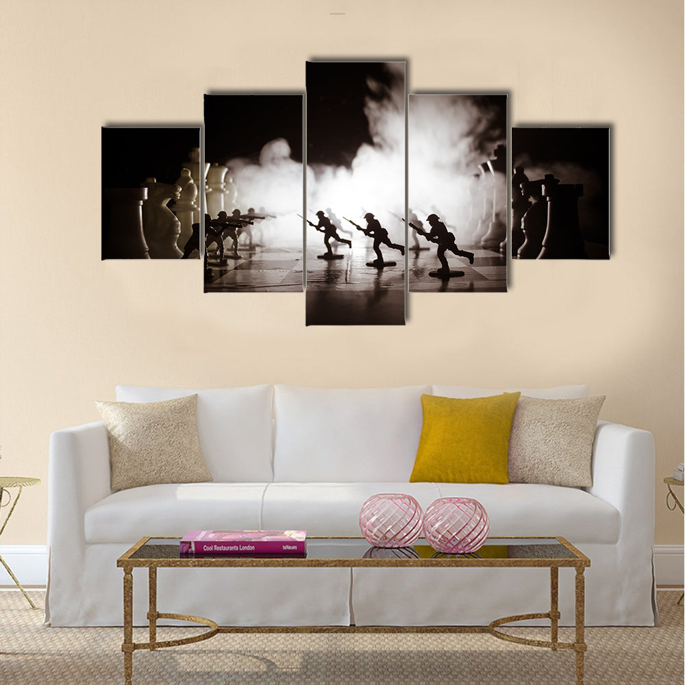 Silhouettes of soldiers on chess board multi panel canvas wall art