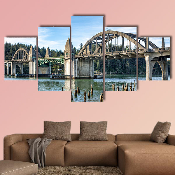 Siuslaw River Bridge from the Florence Marin, Oregon USA multi panel canvas wall art